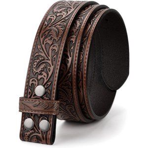 Men without Buckle 1.5" Wide Floral Engraved Embossed Leather Belt Strap